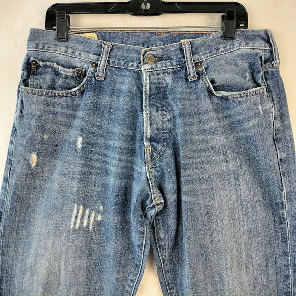 Abercrombie Fitch Mens Low Rise Boot Cut Jeans Size 33x34 Blue denim Distressed - Picture 5 of 16